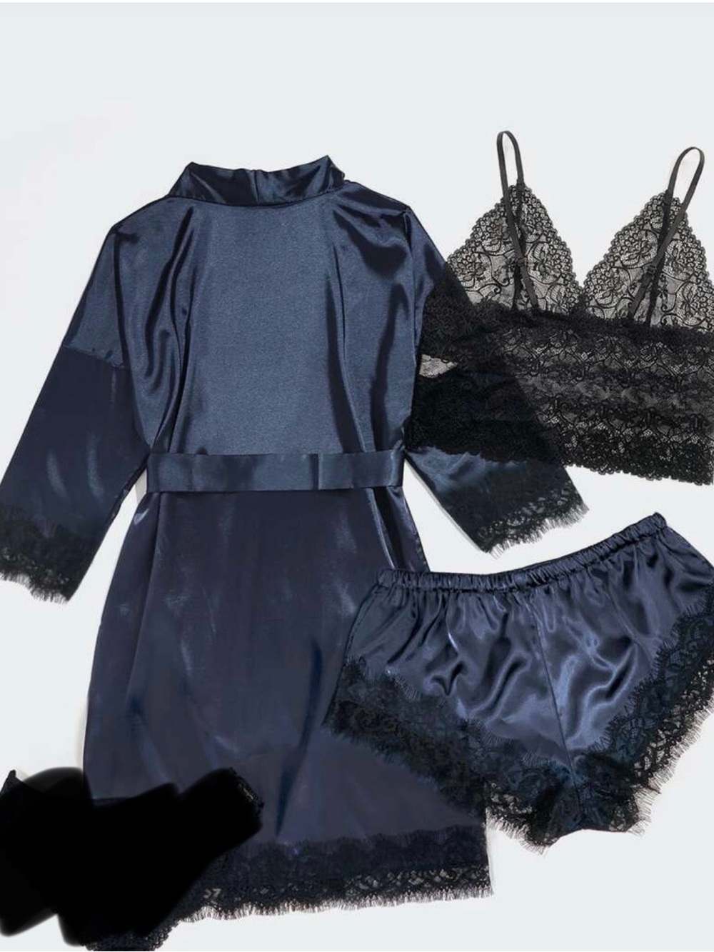 🌸SL53 - Navy Satin Lace 3-Piece Sleepwear Set - Women Intimates💙🖤🛍️